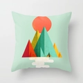 Detail of square cushion cover with modern geometric sunrise and mountain pattern - Light Green Geometric Mountain (DRD33-12)