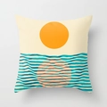 Detail of decorative pillow case with minimalist orange sunrise and teal ocean waves pattern - Minimalist Sunset Waves (DRD33-14)