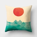 Detail of soft square cushion cover featuring a minimalist red sun and teal mountain art - Beige Geometric Sun (DRD33-16)