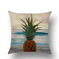 Detailed texture of linen pillowcase with tropical pineapple and sunset beach print - 45x45cm / Tropical Island Pineapple (YMD39-17)
