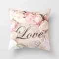 Kissenbezug mit rosa Rosen, Love-Schriftzug und Vintage-Poststempel auf Pfirsichhaut-Stoff - 45x45 cm / Vintage Poststempel Rose Love Stil (DRD32-3)