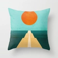 Detail of square pillow cover featuring minimalist geometric sunrise pattern in fabric texture - Extended Path Minimalist Art (DRD33-22)
