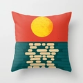 Detailed macro view of a square throw pillow featuring a minimalist sunrise art pattern - Sunset Horizon (DRD33-20)
