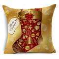 Housse de coussin de Noël en lin avec motif de chaussette et texte festif - Chaussette Rouge Or Éléments de Noël (YMDS3-8)