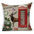 Housse de coussin Noël en lin avec renne rétro et cabine téléphonique rouge - Renne de Couleur Lin Vintage Cabine Téléphonique (YMDS3-12)