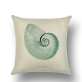 Detail view of linen pillow cover showing a vintage hand-painted green nautilus shell - Nautilus Pattern Style (YMD13-1)