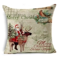 Housse de coussin en lin de Noël avec Père Noël sur un renne et texte Merry Christmas - Père Noël Renne Vintage Blanc Cassé (YMDS3-13)