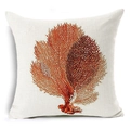 Detailed macro view of textured linen fabric with coral print on the throw pillow cover - Dark Red Branch Coral Style (YMD13-6)