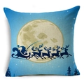 Housse de coussin de Noël en lin avec traîneau du Père Noël bleu et motif de lune - Nuit Bleue Pleine Lune Silhouette de Renne (YMDS3-16)