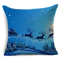 Housse de coussin de Noël en lin avec Père Noël et renne dans une nuit étoilée - Survol de Noël Ciel Étoilé Bleu Profond (YMDS3-17)