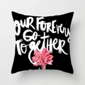 Federa rosa con testo OUR FOREVER su tessuto in poliestere pelle di pesca nero - 45x45 cm / Motivo Floreale Amore Eterno (DRD60-1)