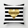 Housse de coussin moderne rayée noir et blanc avec imprimé cœur doré métallique - 45x45 cm / Cœur Doré Rayé (DRD37-11)