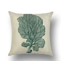Linen cushion cover featuring hand-painted turquoise coral print on beige fabric - Teal Branch Coral Style (YMD13-4)