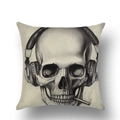 Detail of linen Halloween pillowcase with skull wearing headphones and smoking sketch - 18x18 Inch / Headphone Smoking Skull (YMD23-6)