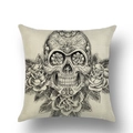 Detail of linen Halloween pillow cover with skull and rose sketch design - 18x18 Inch / Day Of The Dead Skull And Roses (YMD23-7)