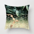 Detail of square pillowcase with green leaf photography and gold geometric cube patterns - Leaf Photo and Geometric Cube Splicing Pattern (DRD38-10) / 18x18 Inch