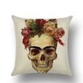 Macro shot of linen texture on Halloween skull pillow cover with realistic floral motifs - 18x18 Inch / Frida Style Skull (YMD23-14)