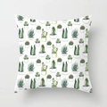 Detail of square pillowcase featuring watercolor succulent and cactus print on white fabric - Potted Succulents and Cactus Full Pattern (DRD38-7) / 18x18 Inch