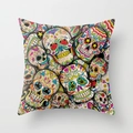 Detailed view of Mexican sugar skull patterns and vibrant floral prints on linen pillowcase - 18x18 Inch / Full Print Sugar Skull (YMD23-20)