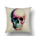 Detail of artistic watercolor skull print on natural linen textured throw pillow cover - 18x18 Inch / Pop Art Skull (YMD23-21)