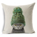 Detail of linen texture pillowcase featuring a grumpy cat in a green knitted hat - Grumpy Grey Cat With Hat (YMD50-7)