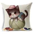 Modern square cushion cover with cartoon cat and green yarn ball on linen fabric - Kitten On Yarn Ball (YMD50-10)