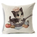 Detailed macro view of woven linen fabric texture on square cat chef pillow cover - Chef Hat Kitten Kitchen (YMD50-9)