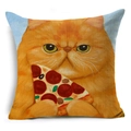 Detail van linnen kussenhoes met handgetekende oranje kat en een heerlijk stuk pizza - Oranje Kat met Pizza (YMD50-4)