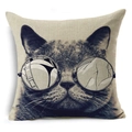 Detailed macro view of the coarse linen texture and cat with glasses print on cushion cover - Glasses Cat With Manga Art (YMD50-5)
