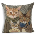 Detail of linen-textured square pillowcase with cute cartoon cat family illustration - Cat Family Portrait (YMD50-6)