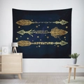 Detail of navy blue wall tapestry featuring golden feather arrows and adventure text - Wte-22 / 95x73