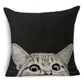 Detailed view of the linen texture and cat portrait print on black cushion cover - Sketch Looking Up Black Cat (YMD50-13)