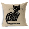 Detailed macro view of beige linen pillowcase featuring a black cat silhouette print - Cat Silhouette with Text (YMD50-15)
