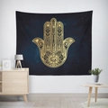 Detail of Hamsa Hand tapestry with golden mandala on dark blue starry background - Wte-17 / 95x73