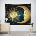 Macro detail of sun and moon tapestry with celestial astrology gold pattern on black wall - Wte-15 / 95x73