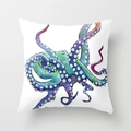 Weißer quadratischer Kissenbezug mit buntem Aquarell-Oktopus-Design aus Polyesterstoff - 45x45 cm / DRD50-6 (Dunkler Oktopus)