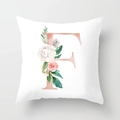White cushion cover with rose gold letter F and watercolor flower print for home decor - 18x18 Inch / F