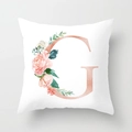 Modern white square cushion cover with rose gold letter G and watercolor floral detail - 18x18 Inch / Letter G