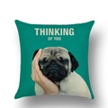 Leinen-Kissenbezug in Petrol mit Mops-Motiv und dem Aufdruck Thinking of You - 45x45 cm / Mops Denkt an Dich (YMD38-9)