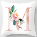 Modern white square cushion cover with rose gold letter M and floral pattern - 18x18 Inch / M