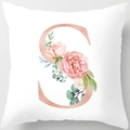 White cushion cover with rose gold letter S and pink floral print in modern style - 18x18 Inch / S