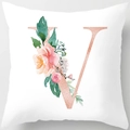 White cushion cover with rose gold letter V and pink floral pattern for home decor - 18x18 Inch / Letter V