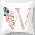 Modern white pillowcase with rose gold letter W and pink floral watercolor prints - 18x18 Inch / Letter W
