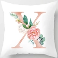 Modern white square cushion cover with rose gold letter X and pink watercolor floral design - 18x18 Inch / Letter X