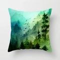 Federa per cuscino in poliestere con motivo foresta nebbiosa e uccelli acquerello - 45x45 cm / Foresta Uccelli Acquerello (DRD64-3)