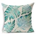 Close-up of linen cushion cover featuring watercolor tropical leaves and woven texture - Watercolor Tropical Leaf (YMD52-9) / 45x45cm