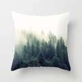 Square polyester pillow cover featuring a misty forest landscape print in green and white - 18x18 Inch / Dark Green Misty Fog (DRD64-8)