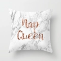 Detail of marble pattern cushion cover with rose gold foil Nap Queen lettering - Drd100-6 / 18x18 Inch