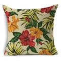Detailansicht der Leinen-Kissenhülle mit tropischen Hibiskusblüten und Blattstrukturen - Hibiskus Und Palmenblatt (YMD52-6) / 45x45cm