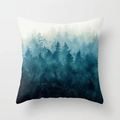 Square polyester pillow cover featuring an artistic blue misty forest landscape design - 18x18 Inch / Minimalist Gradient Forest (DRD64-14)
